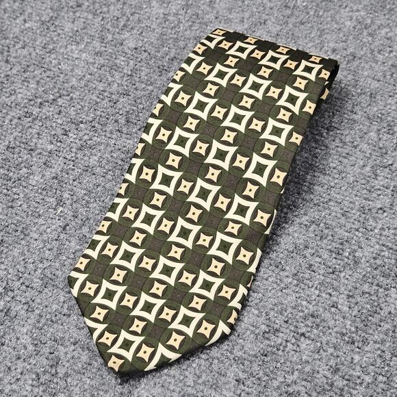 J Crew Necktie Green Beige Geometric Lattice Pattern Squares Diamonds Grid